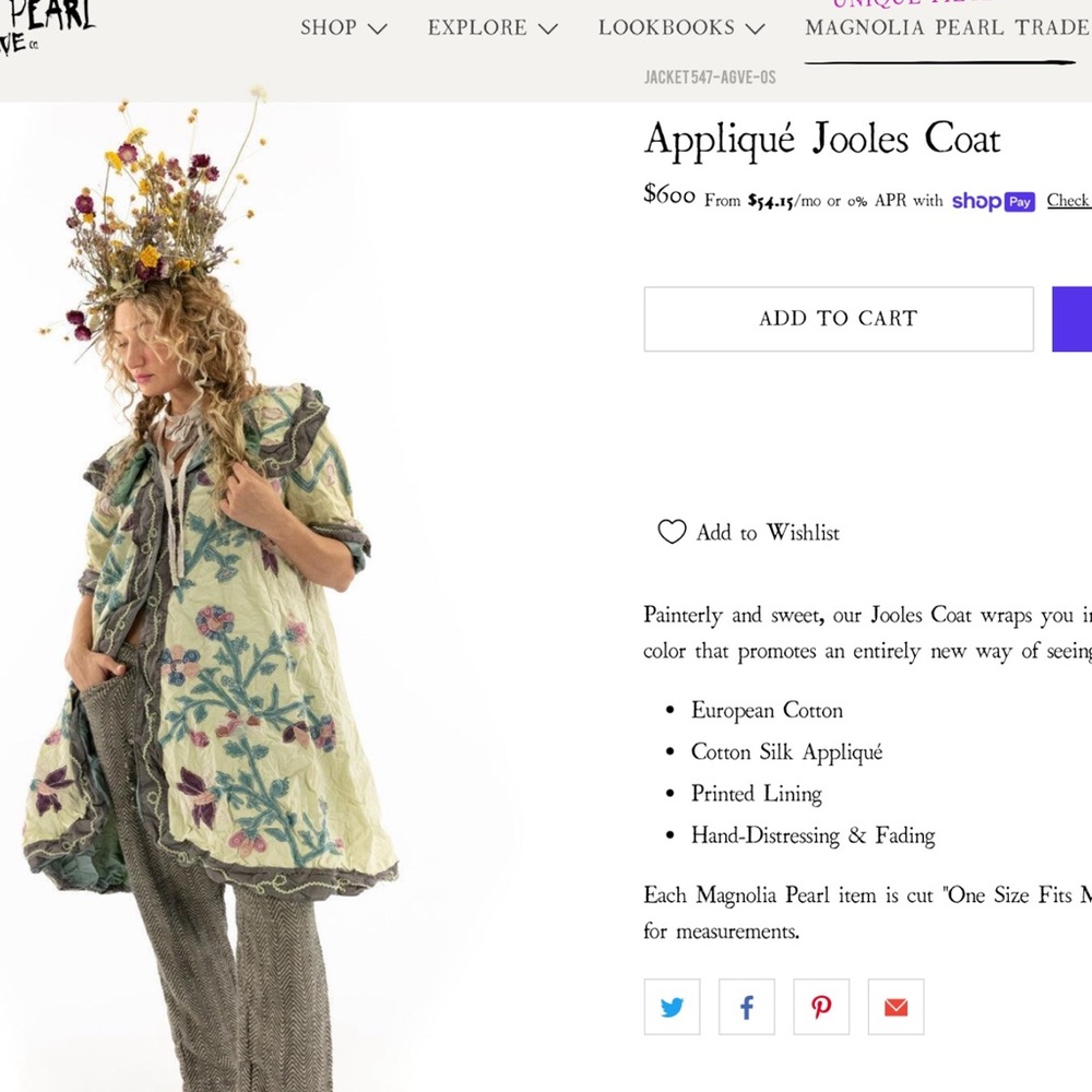 Magnolia Pearl Appliqué Jooles Coat one size